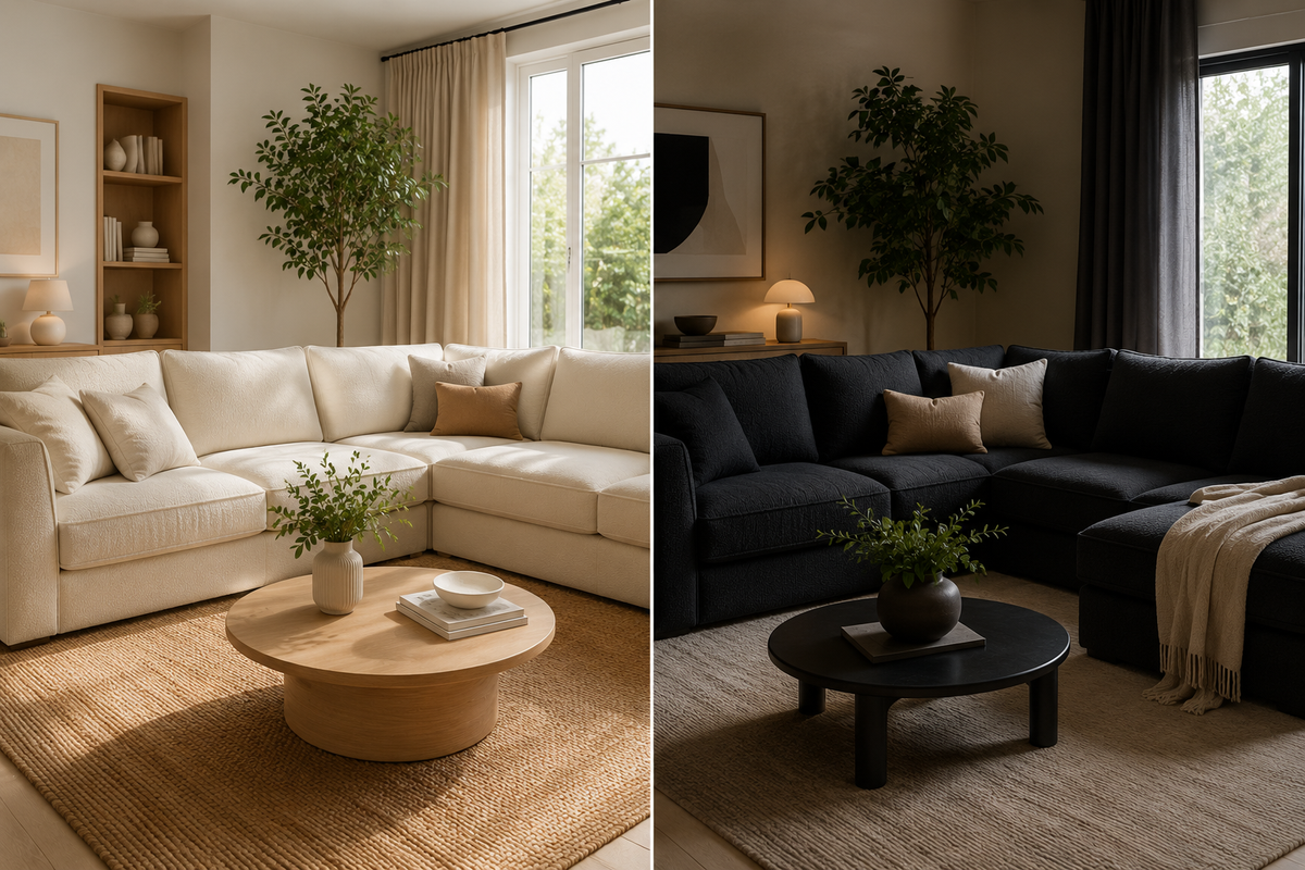 Comparatif entre un canapé clair et un canapé foncé dans un salon