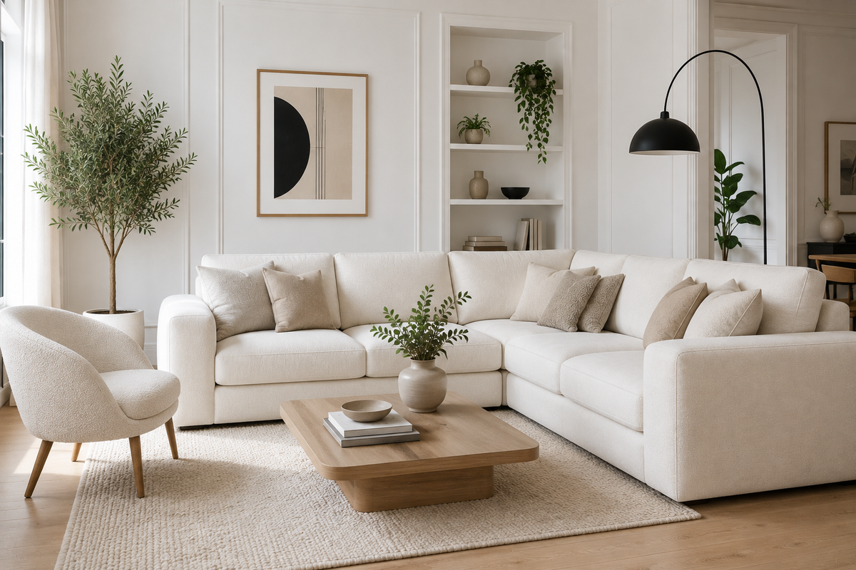 Canapé beige dans un salon lumineux avec des murs blancs