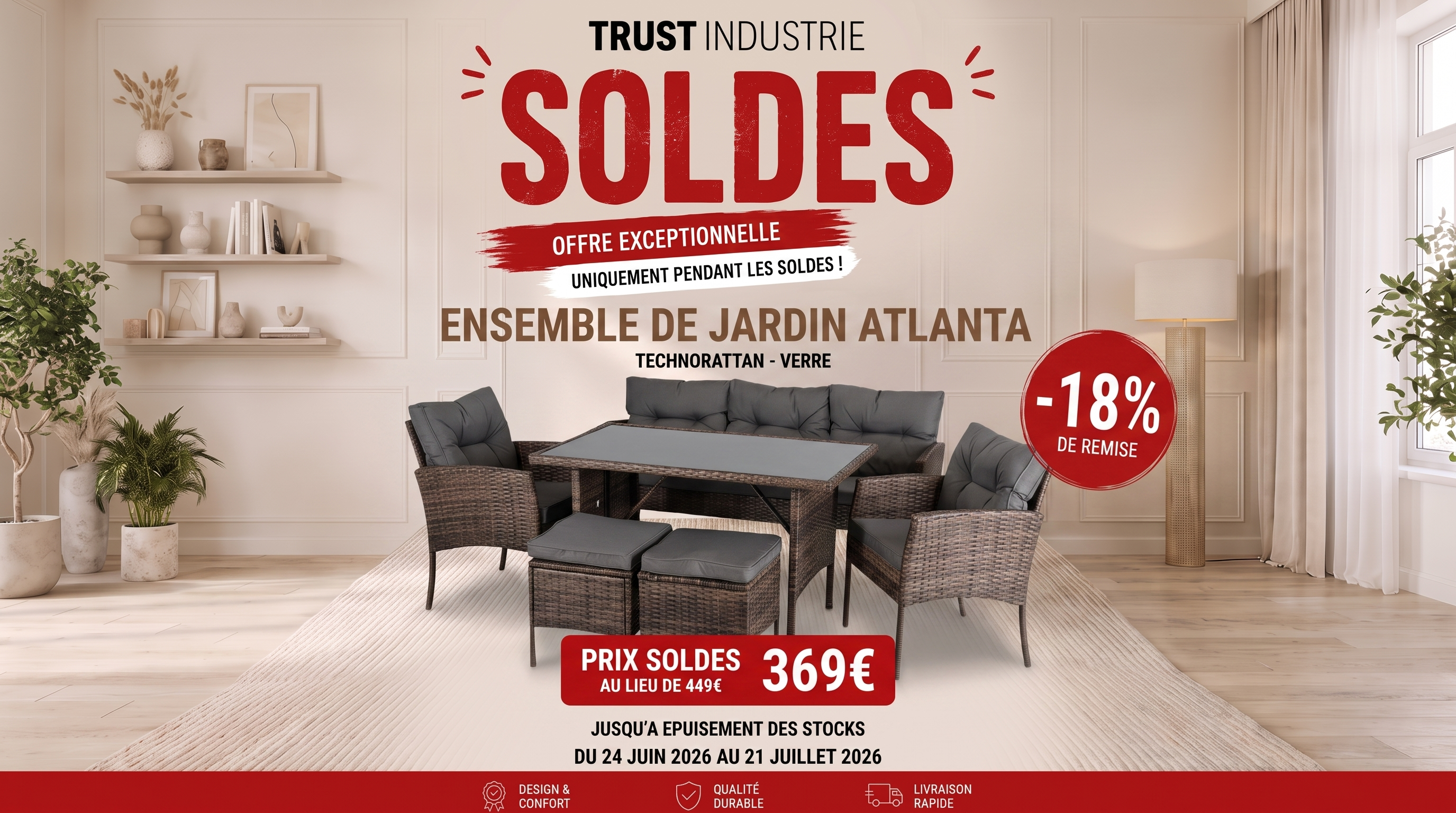 Salon de jardin 8 places ATLANTA avec table rectangulaire en verre
