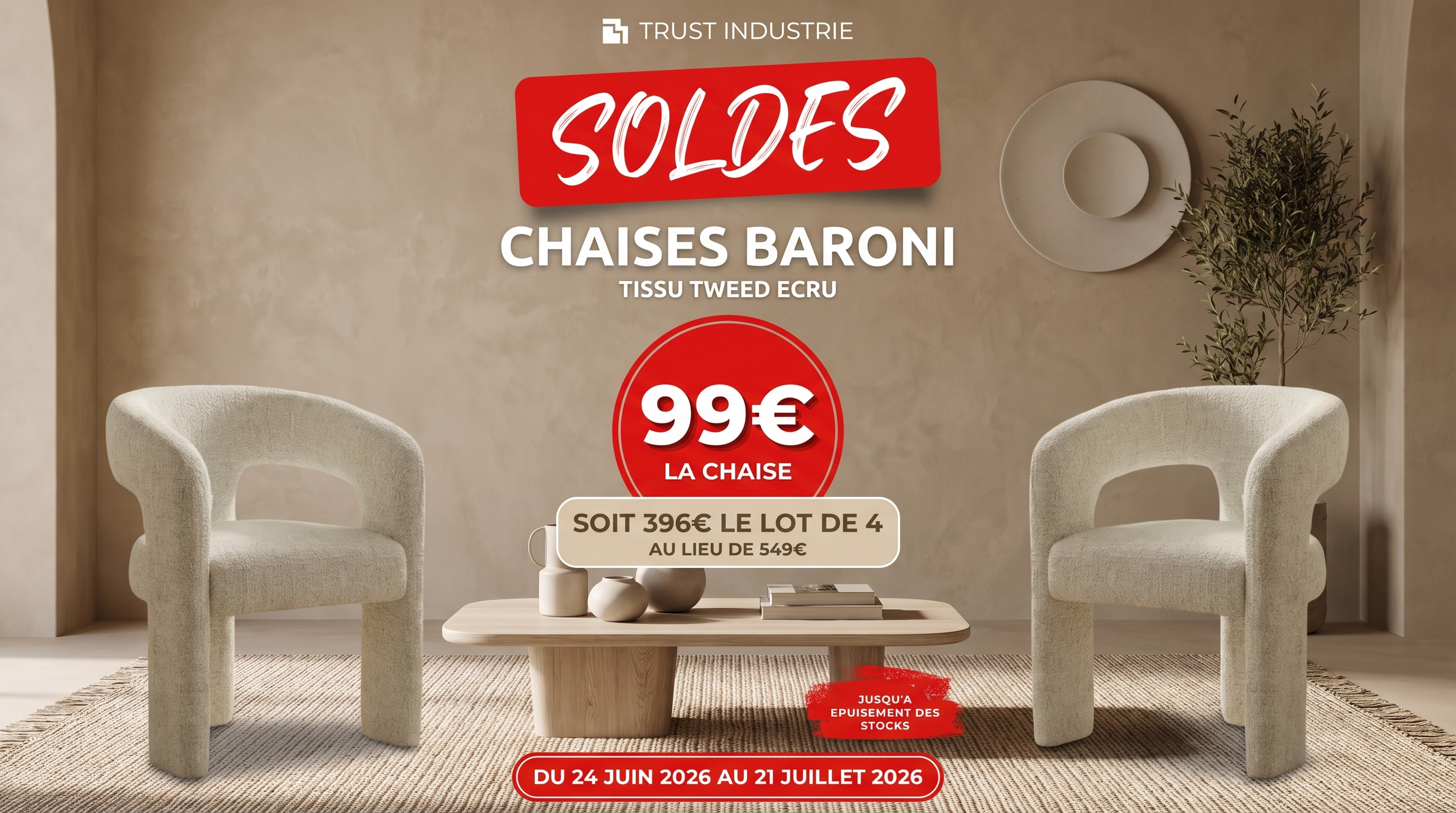 Lot de 2 chaises de salle à manger BARONI en tissu tweed écru