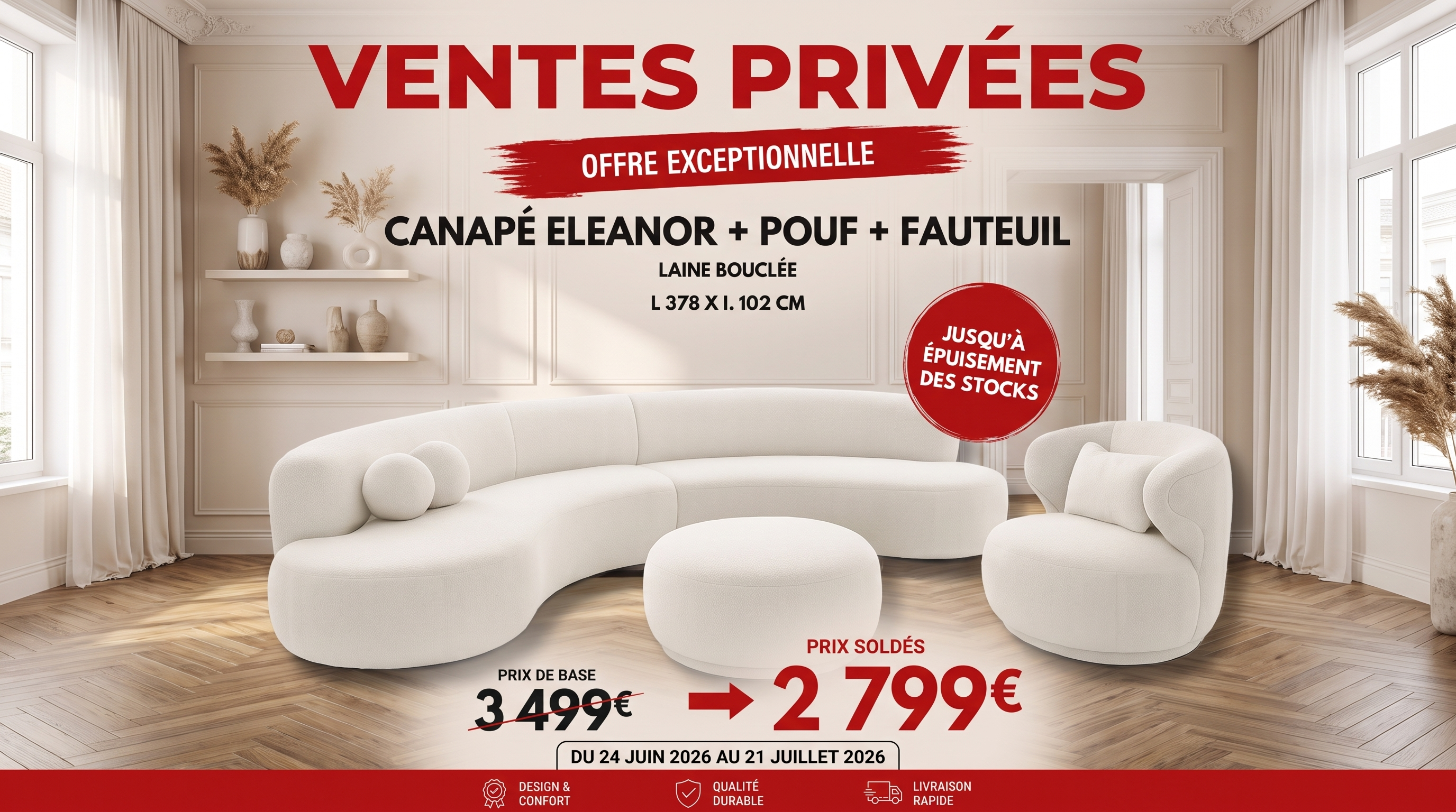 Canapé ELEANOR en laine bouclée rasée en blanc cassé