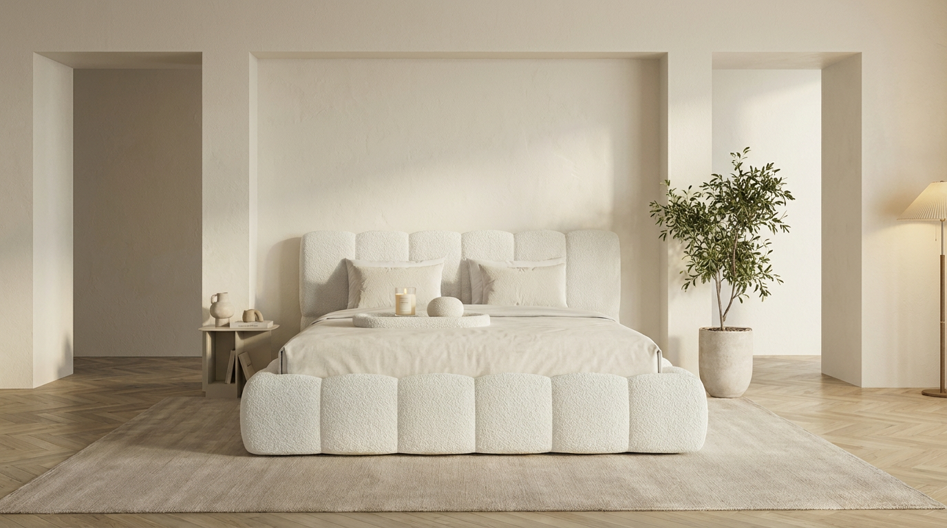 Lit coffre ALYA en tissu blanc cassé avec sommier et tête de lit inclus