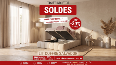 Lit coffre SALVADOR en tissu blanc cassé avec sommier et tête de lit inclus