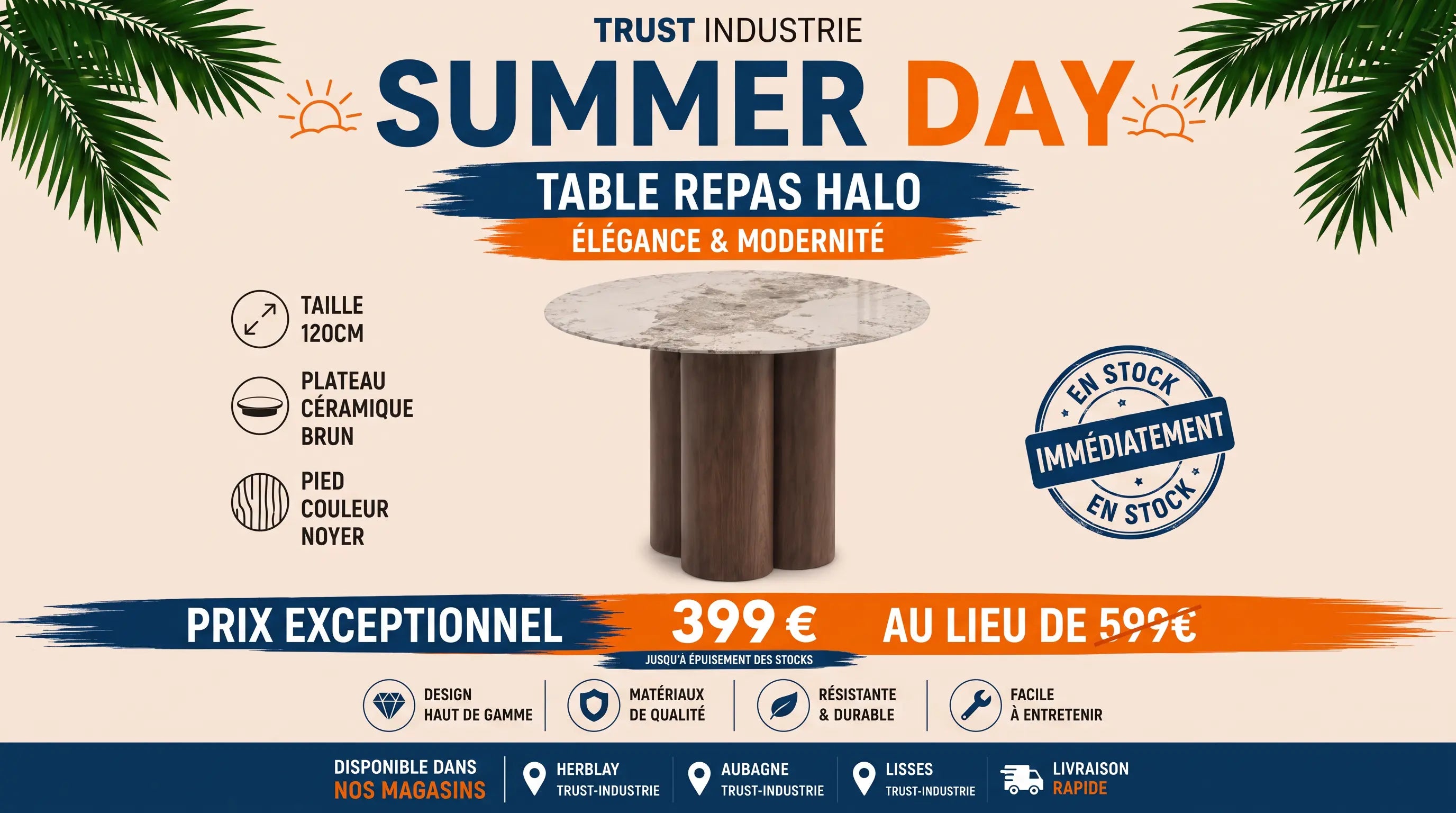 Table à manger ronde HALO avec plateau effet marbre