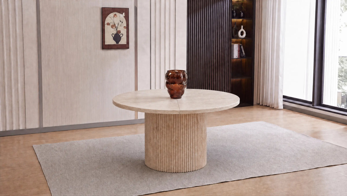 Table à manger extensible KRIZIA effet travertin – 120 à 160 cm – MDF