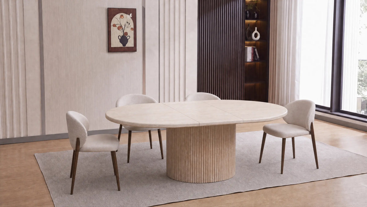 Table à manger extensible KRIZIA effet travertin – 120 à 160 cm – MDF