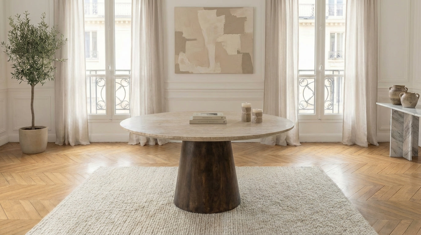 Table à manger ronde AIKIN pour 8 personnes avec plateau travertin et pied central