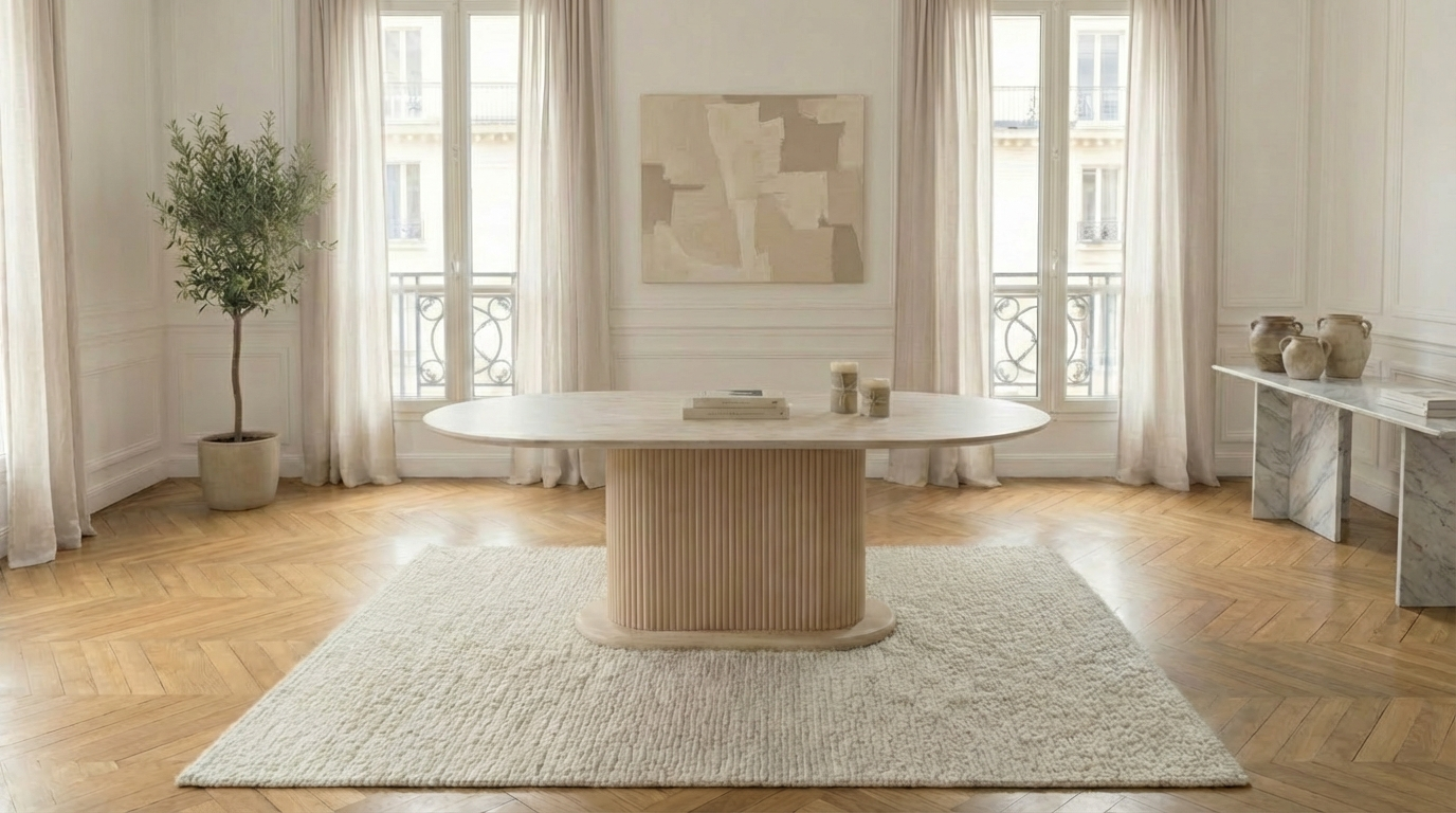 Table à manger ovale extensible LOLA  pour 8 personnes avec plateau plateau céramique et pieds bois