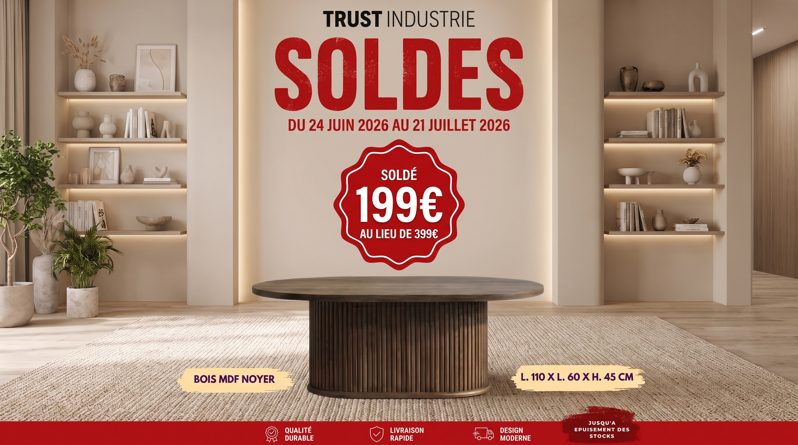 Table basse ovale ANEYA avec plateau design bois effet noyer