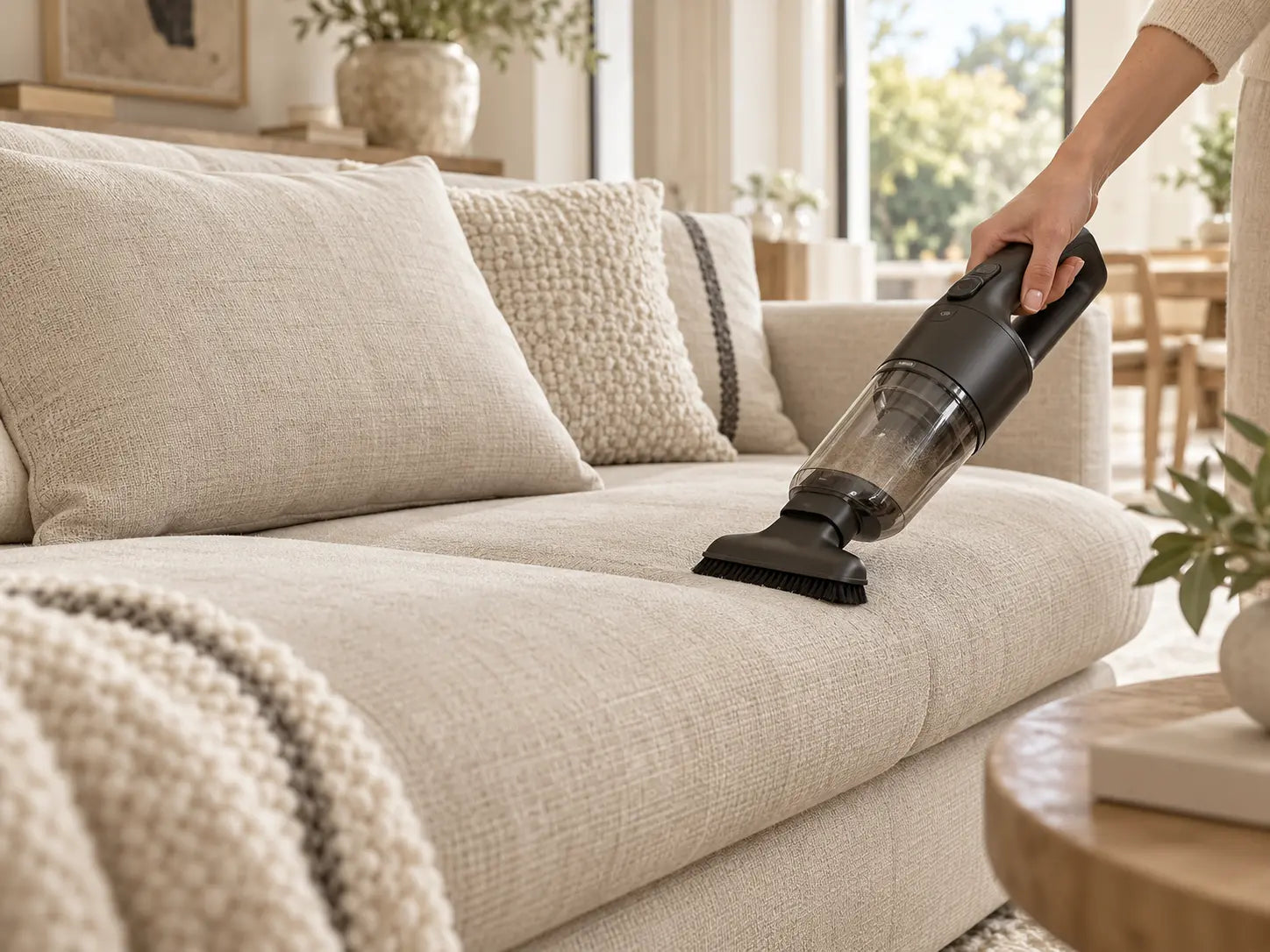 Passage de l’aspirateur sur le tissu d’un canapé
