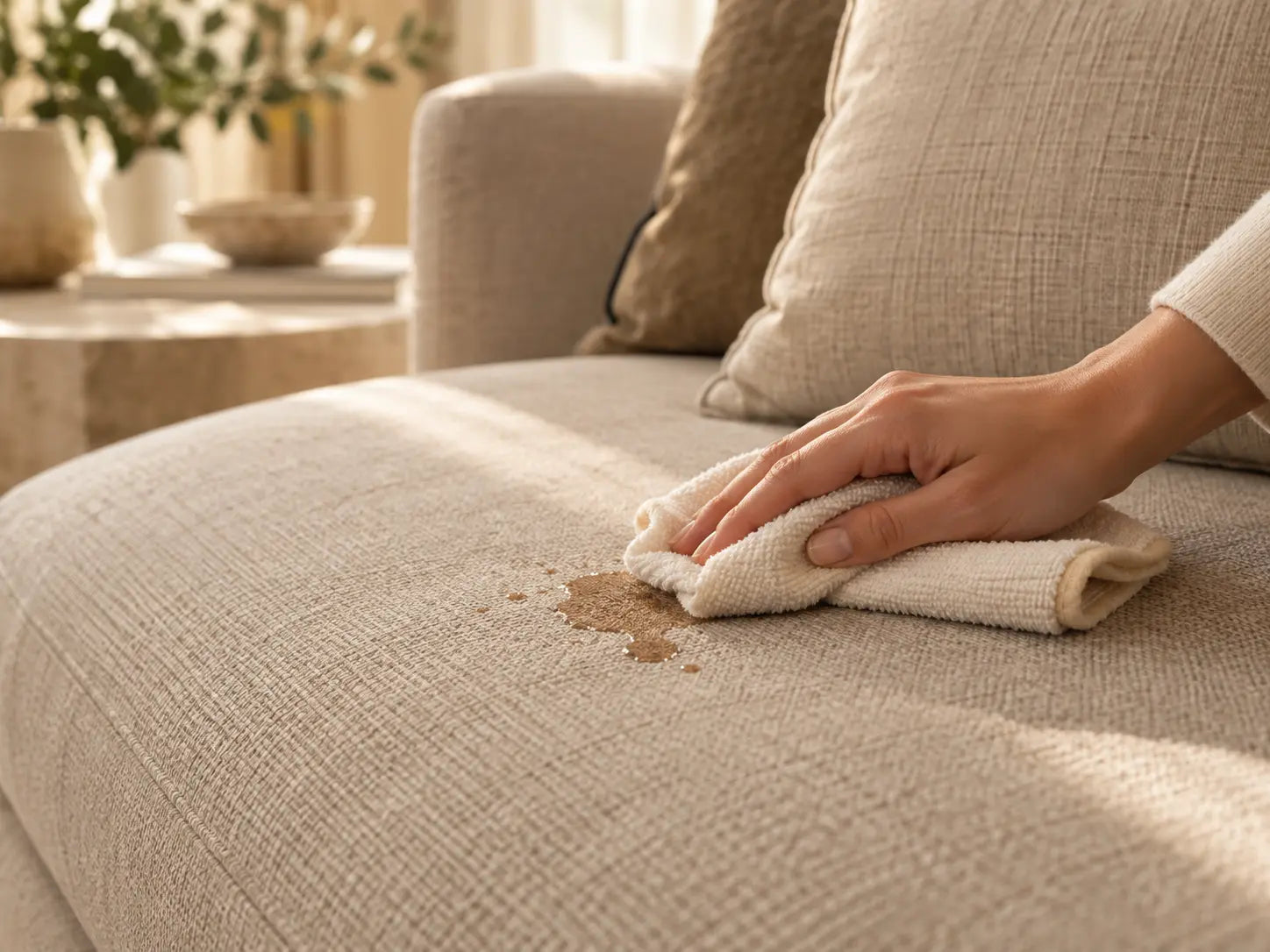 Nettoyage localisé du tissu d’un canapé avec un chiffon