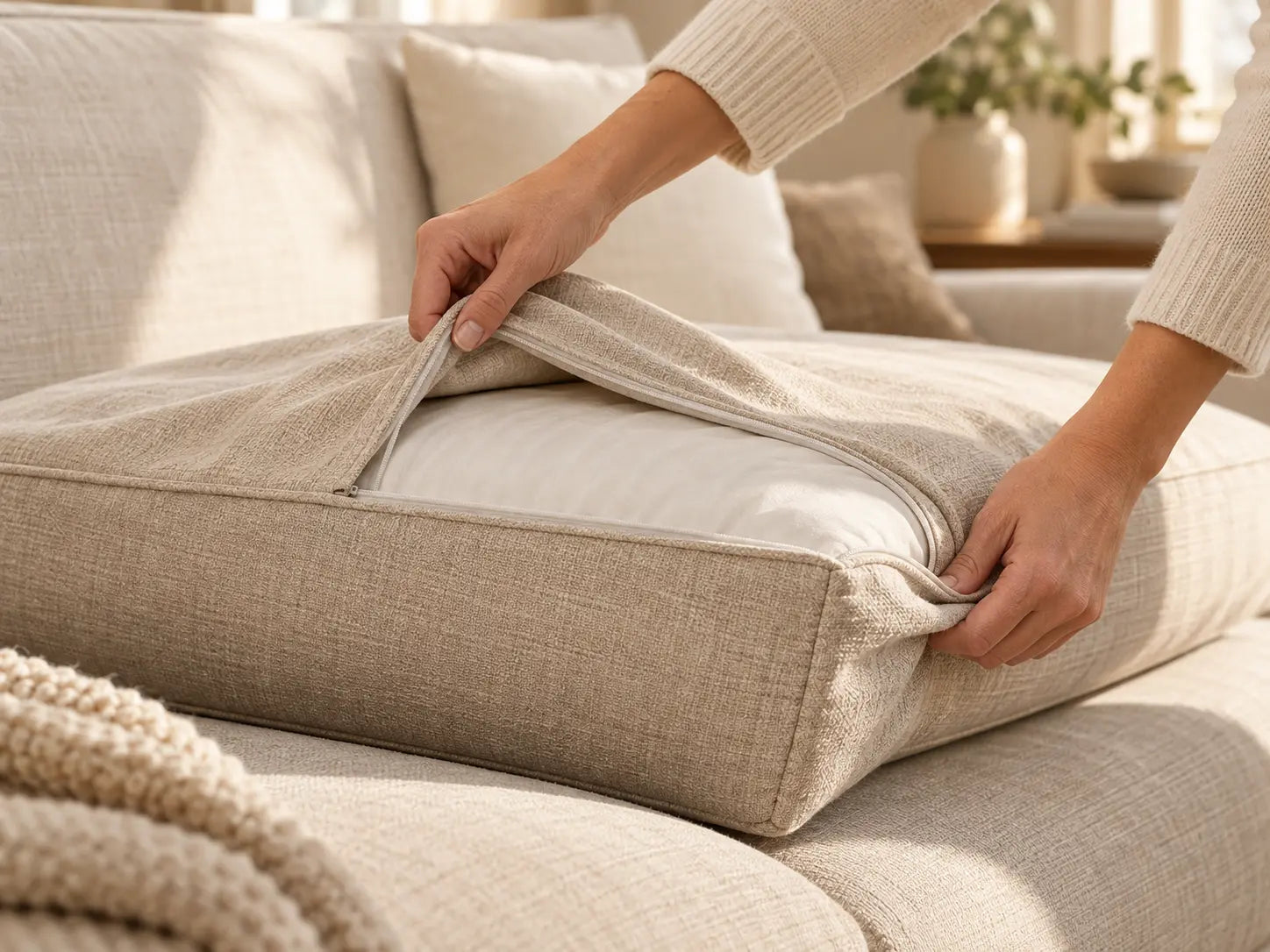 Repositionnement d’une housse amovible sur un coussin de canapé