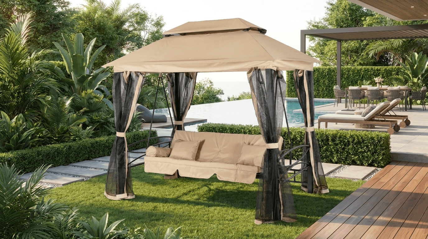 Balançoire de jardin CARMEN avec toit et moustiquaire - TRUST INDUSTRIE - Beige - 