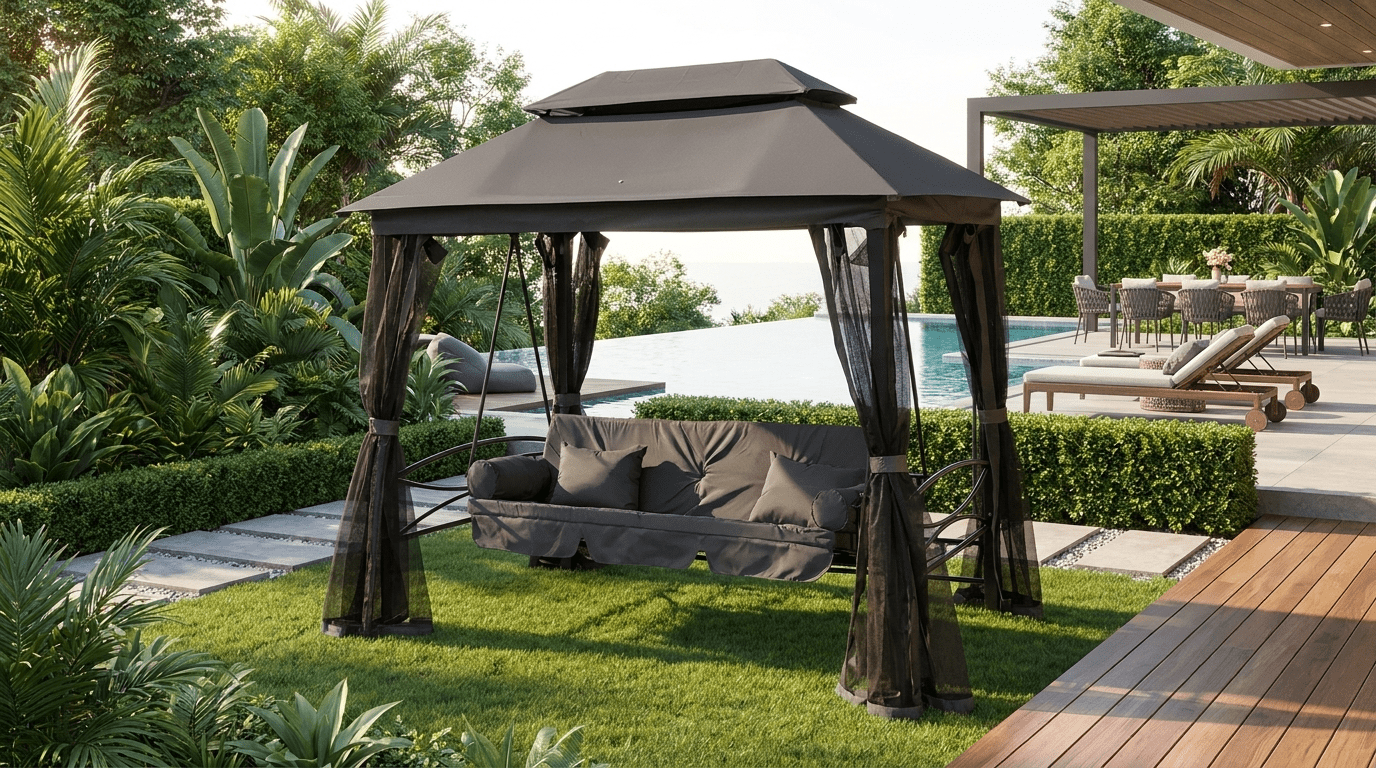 Balançoire de jardin CARMEN avec toit et moustiquaire - TRUST INDUSTRIE - Gris
