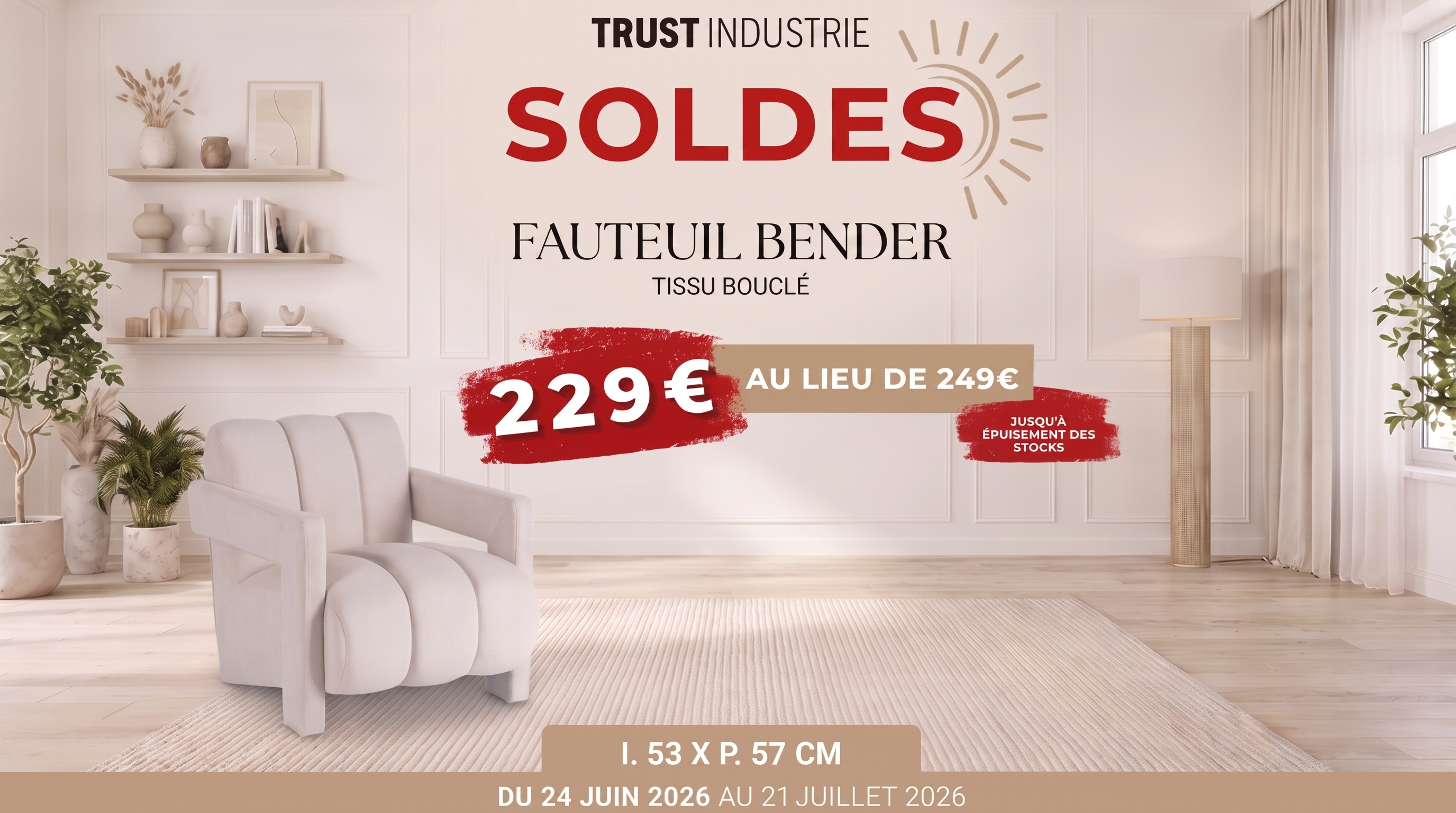 Fauteuil BENDER en tissu bouclé – design confortable