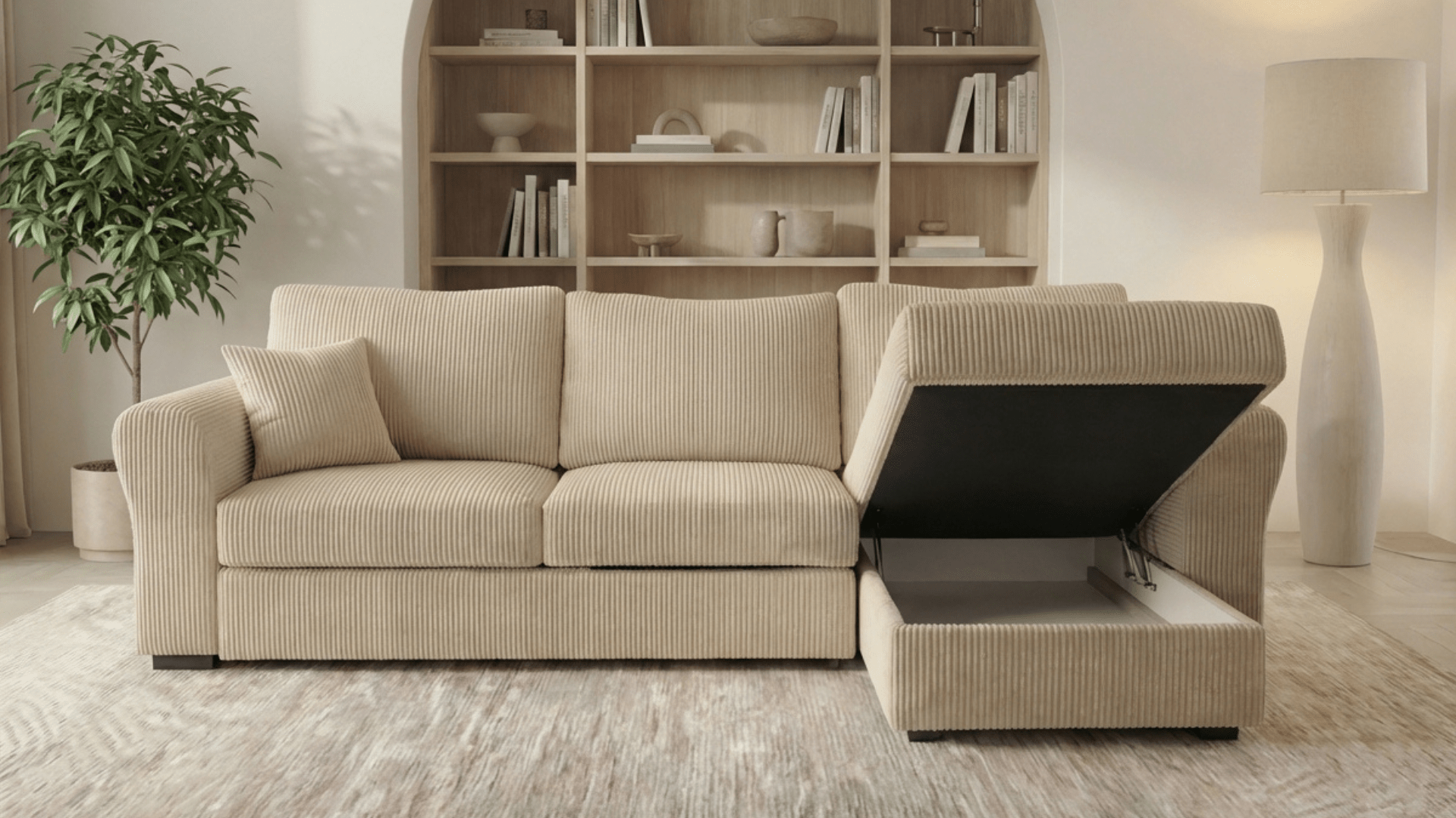 Canapé convertible 4 places CASABLANCA en velours avec coffre - Trust Industrie - Ecru - droit