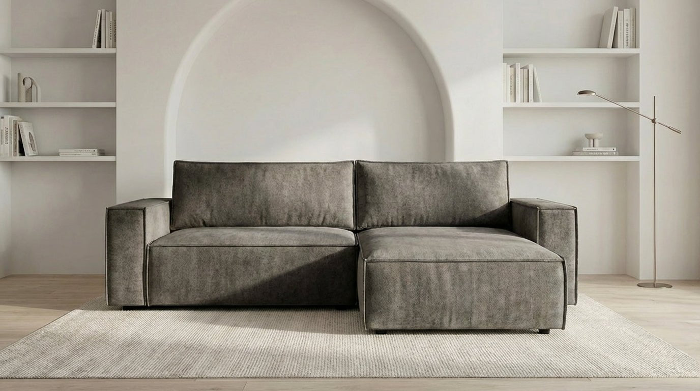 Canapé d’angle convertible 4 places NIZZA en tissu microfibre avec coffre - TRUST INDUSTRIE - Gris - Droit - 