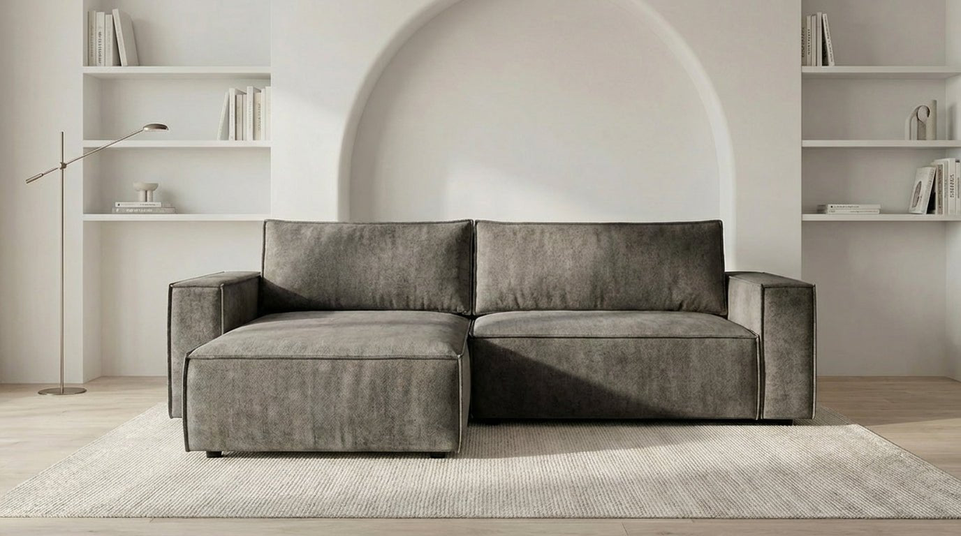 Canapé d’angle convertible 4 places NIZZA en tissu microfibre avec coffre - TRUST INDUSTRIE - Gris - Gauche - 