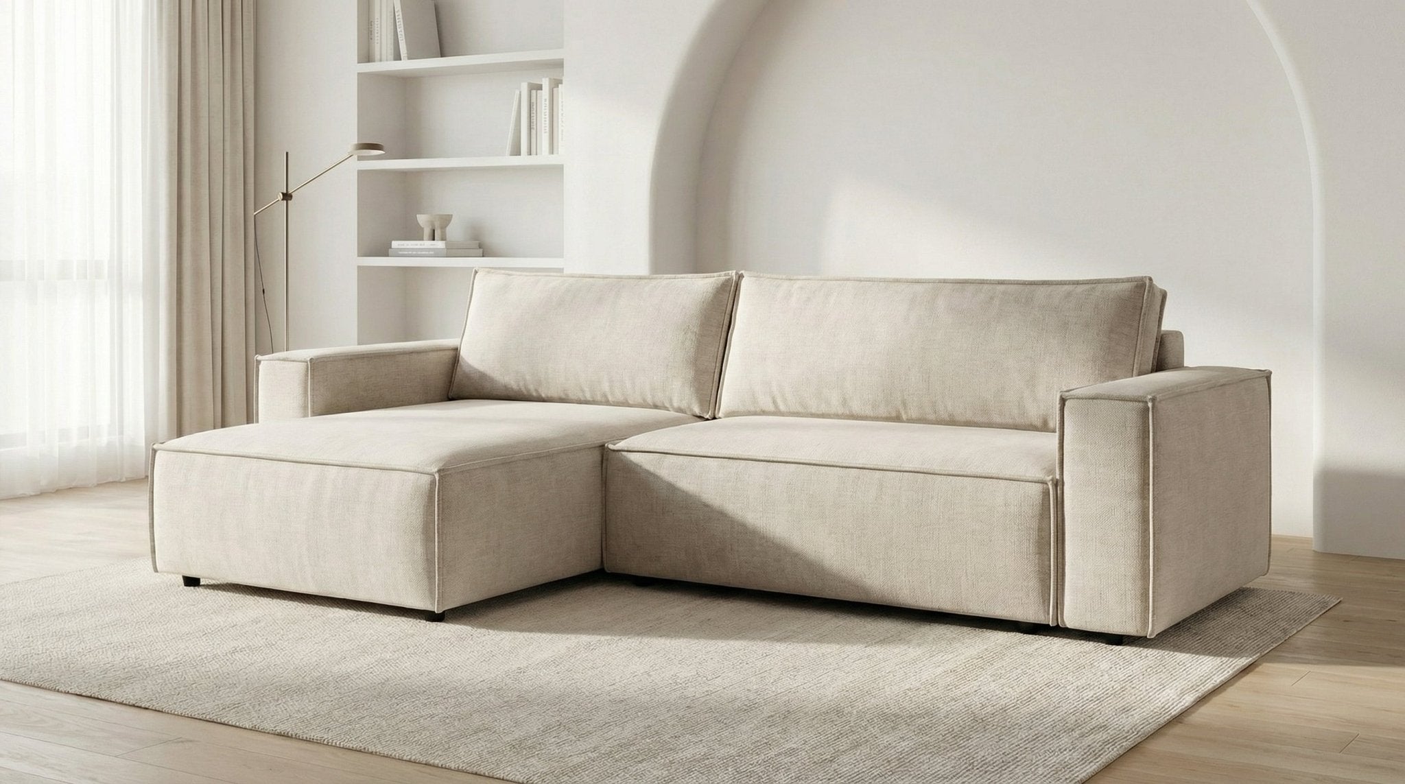 Canapé d’angle convertible 4 places NIZZA en tissu microfibre avec coffre - TRUST INDUSTRIE - Beige - Gauche - 