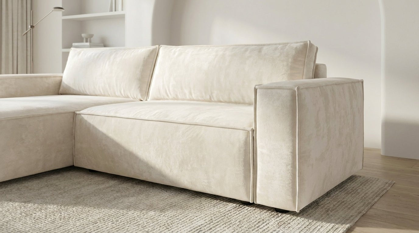 Canapé d’angle convertible 4 places NIZZA en tissu microfibre avec coffre - TRUST INDUSTRIE - Beige - Gauche - 