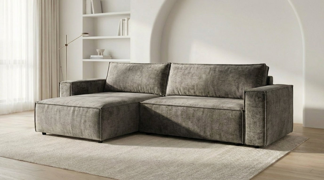Canapé d’angle convertible 4 places NIZZA en tissu microfibre avec coffre - TRUST INDUSTRIE - Gris - Gauche - 