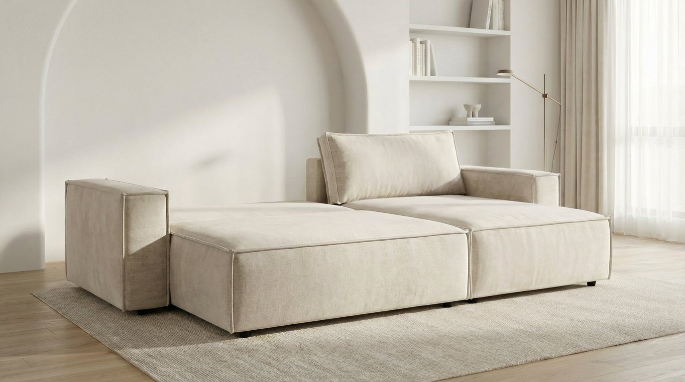Canapé d’angle convertible 4 places NIZZA en tissu microfibre avec coffre - TRUST INDUSTRIE - Beige - Droit - 
