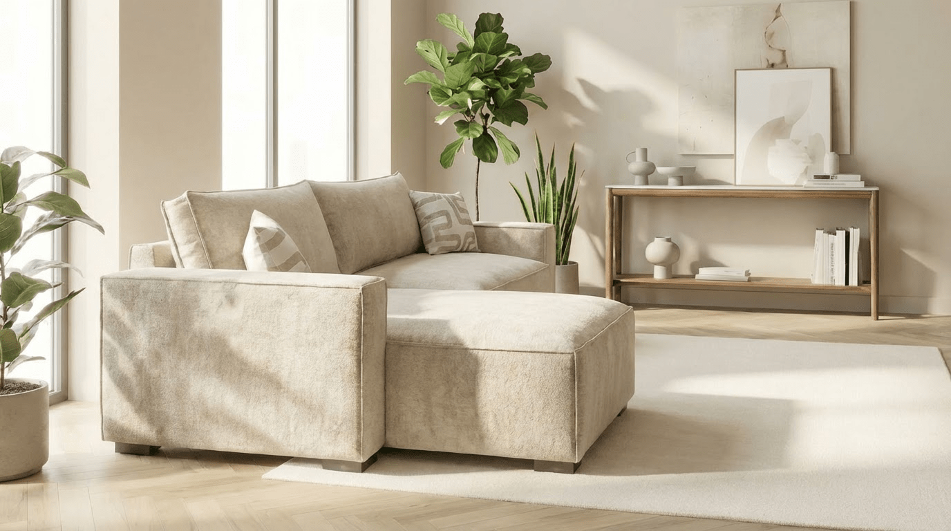 Canapé d’angle convertible 4 places NIZZA en tissu microfibre avec coffre - TRUST INDUSTRIE - Beige - Gauche - 