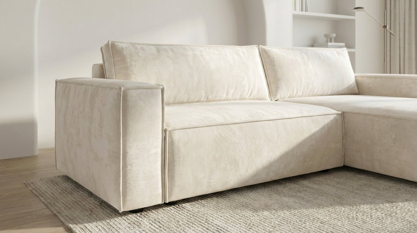 Canapé d’angle convertible 4 places NIZZA en tissu microfibre avec coffre - TRUST INDUSTRIE - Beige - Droit - 