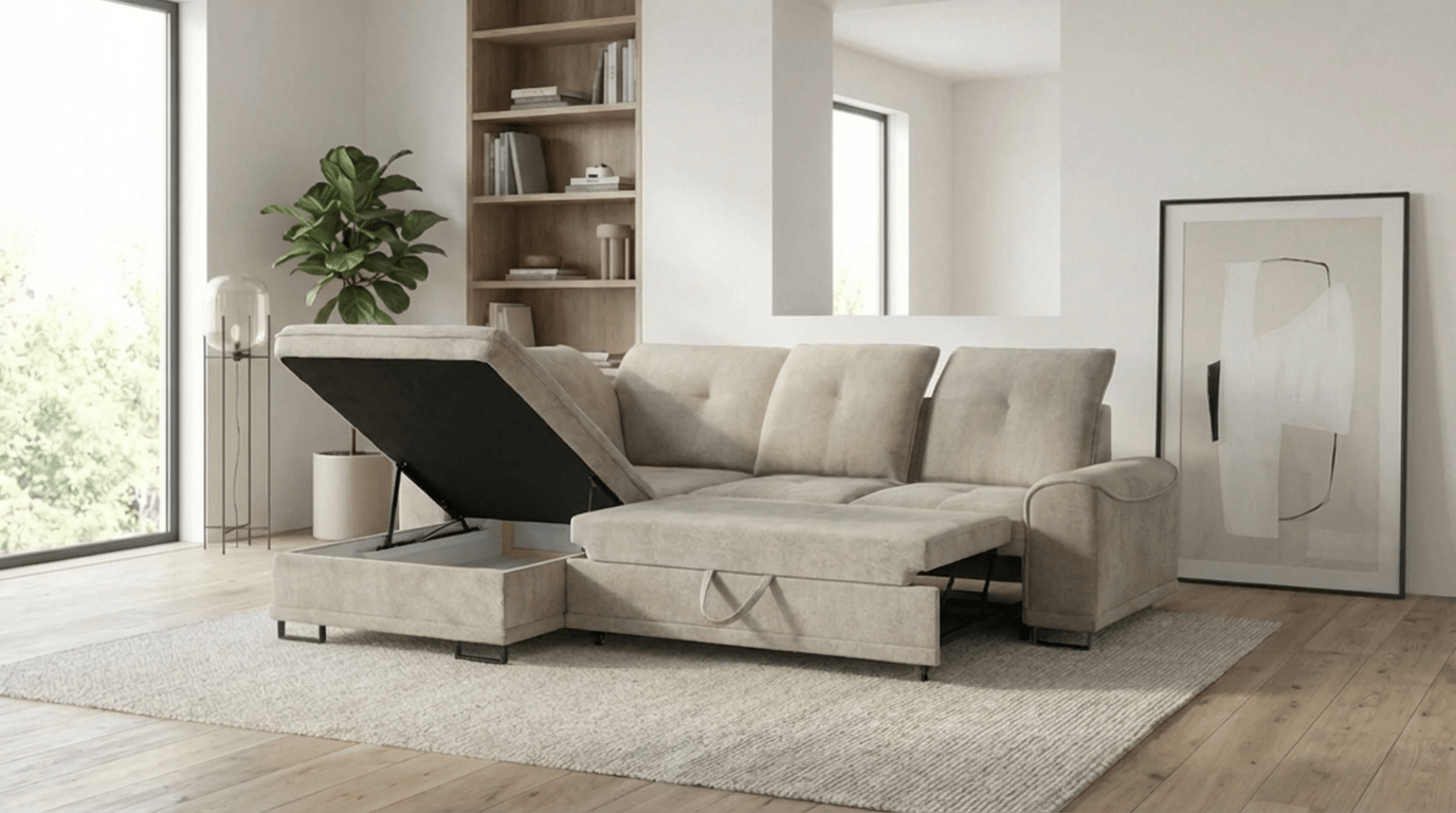 Canapé d’angle convertible 6 places BOSS en tissu doux avec coffre - TRUST INDUSTRIE - Beige - Gauche - 