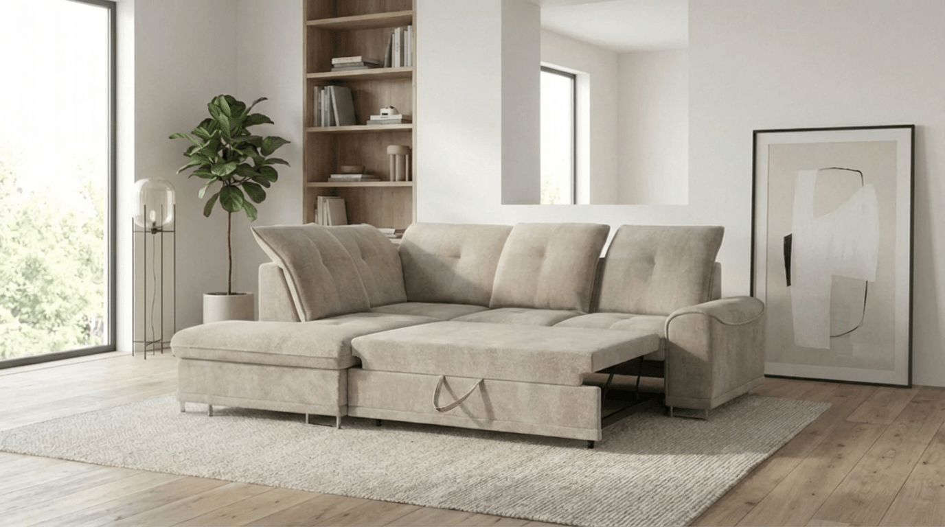 Canapé d’angle convertible 6 places BOSS en tissu doux avec coffre - TRUST INDUSTRIE - Beige - Gauche - 