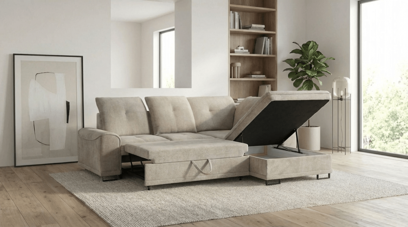 Canapé d’angle convertible 6 places BOSS en tissu doux avec coffre - TRUST INDUSTRIE - Beige - Gauche - 