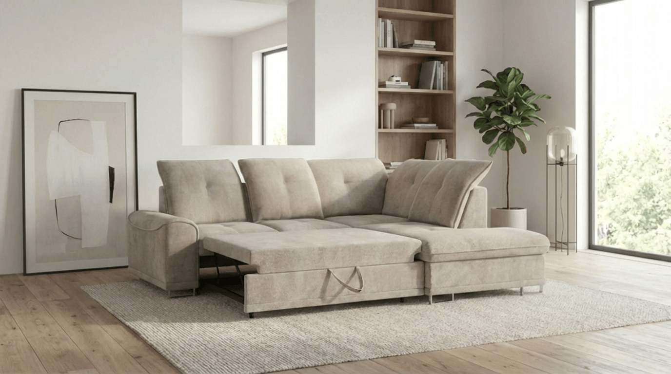 Canapé d’angle convertible 6 places BOSS en tissu doux avec coffre - TRUST INDUSTRIE - Beige - Gauche - 