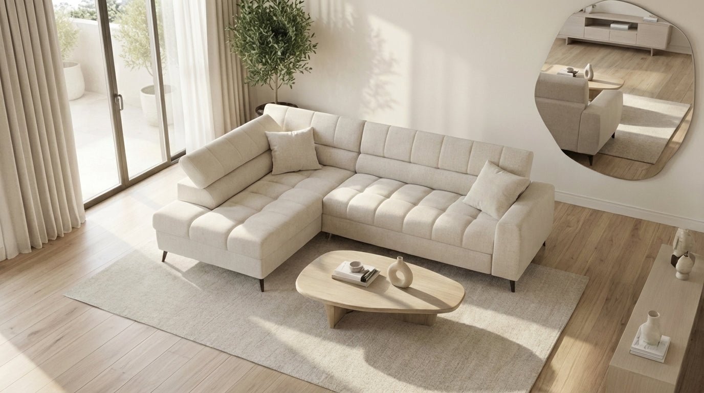 Canapé d’angle convertible 6 places VINCENT L en tissu doux - TRUST INDUSTRIE - Ecru - Gauche - 