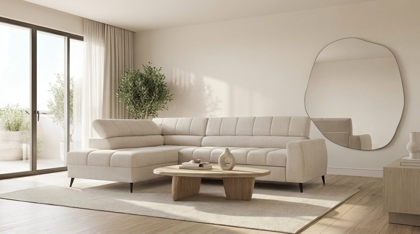 Canapé d’angle convertible 6 places VINCENT L en tissu doux - TRUST INDUSTRIE - Ecru  - Gauche - 