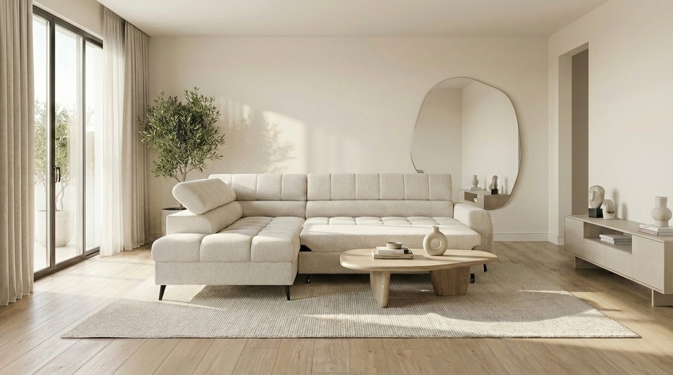Canapé d’angle convertible 6 places VINCENT L en tissu doux - TRUST INDUSTRIE - Ecru - Gauche - 