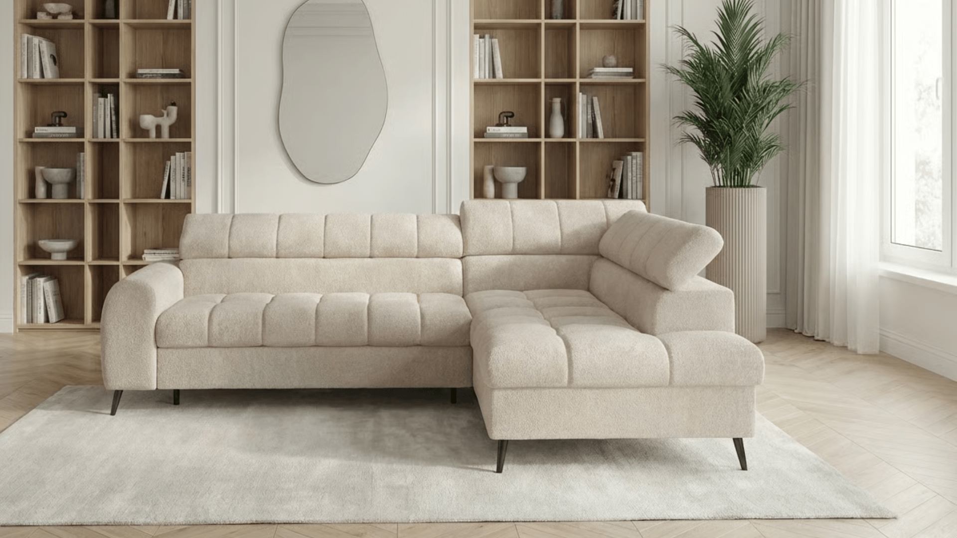 Canapé d’angle convertible 6 places VINCENT L en tissu doux avec coffre - Trust Industrie - Beige - Angle droit