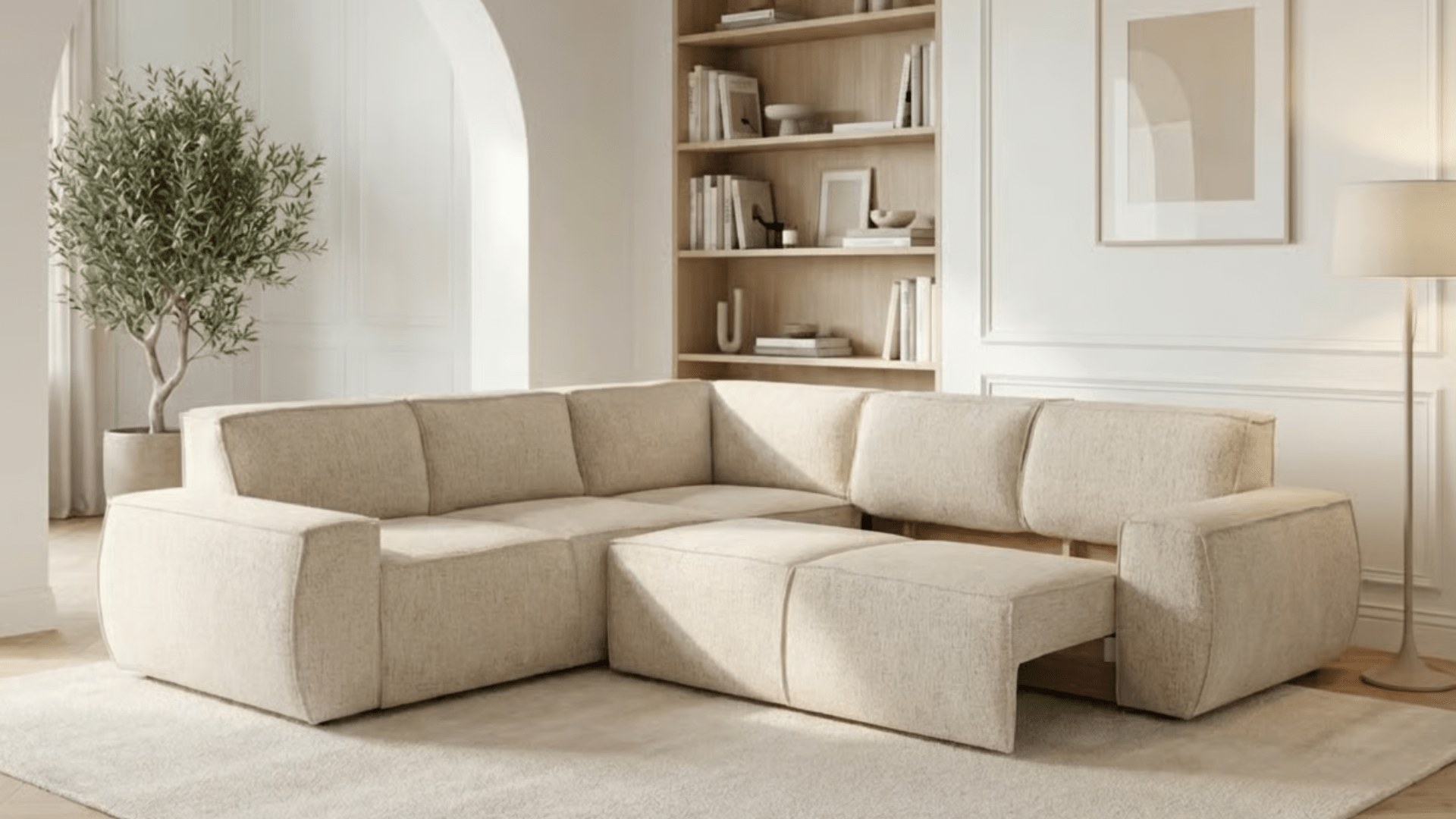 Canapé d’angle convertible 7 places ADAMO en tissu avec coffre - Trust Industrie - Ecru - 