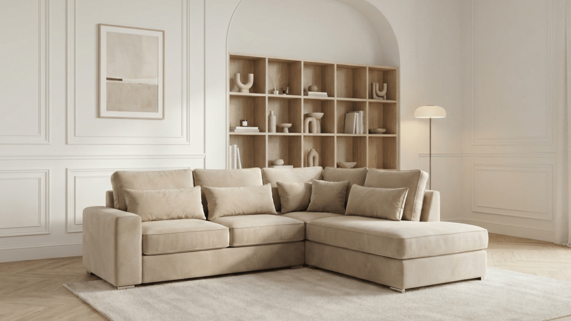 Canapé d’angle déhoussable 4 places CAMELIA en velours - Trust Industrie - Beige - Droit