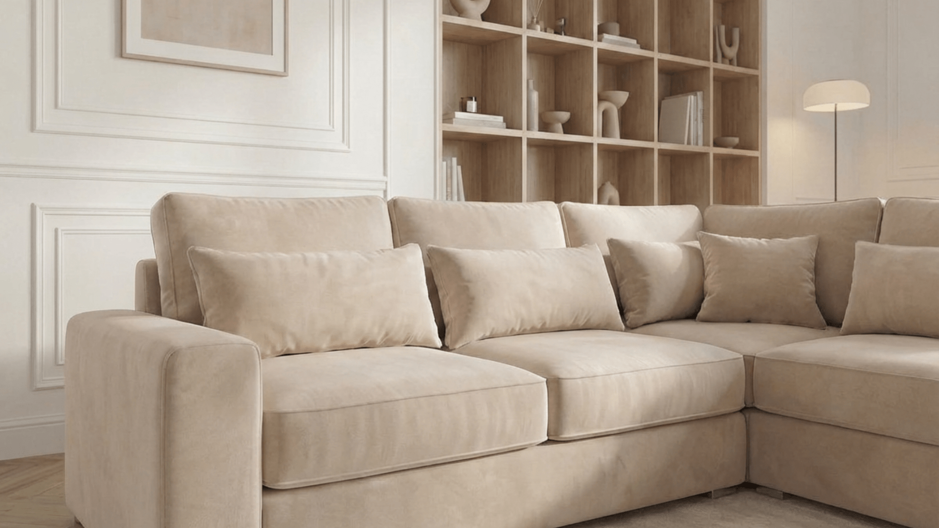 Canapé d’angle déhoussable 4 places CAMELIA en velours - Trust Industrie - Beige - Droit