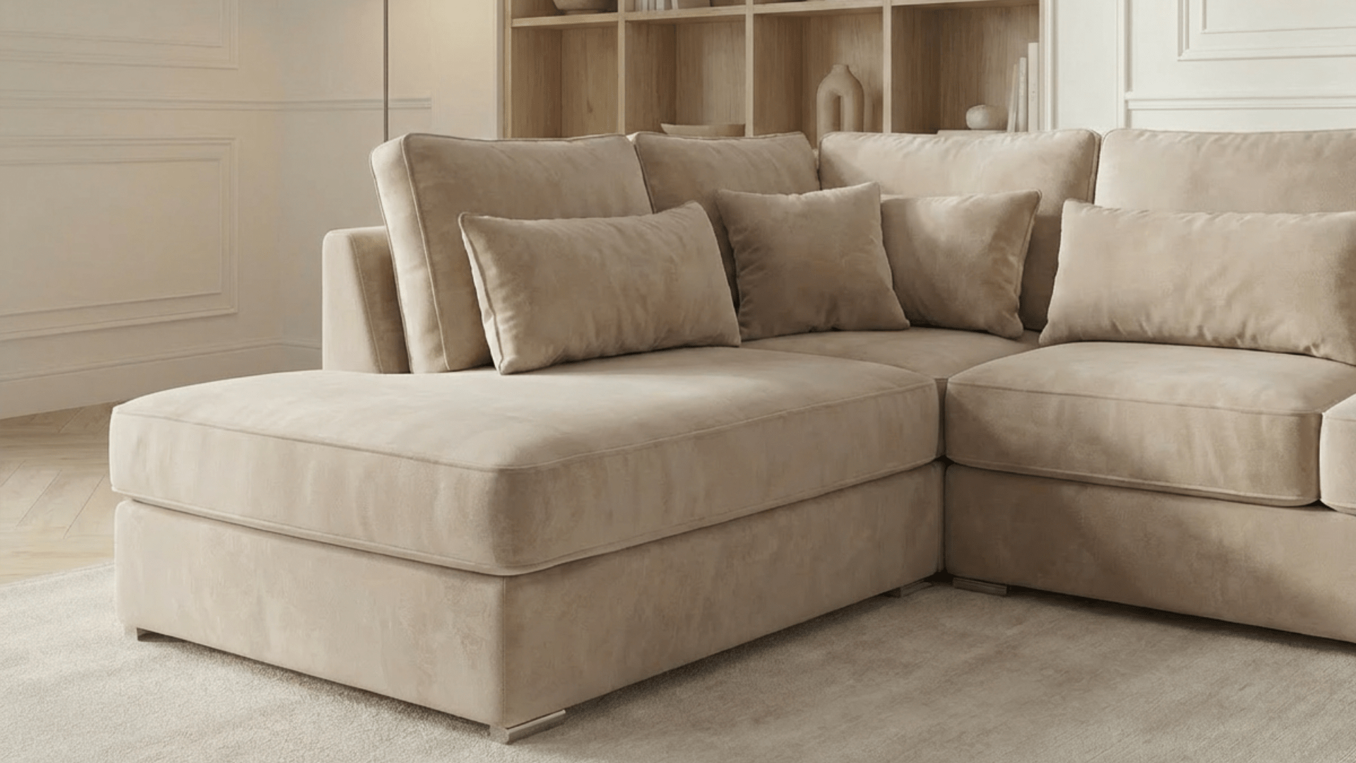 Canapé d’angle déhoussable 4 places CAMELIA en velours - Trust Industrie - Beige - Gauche
