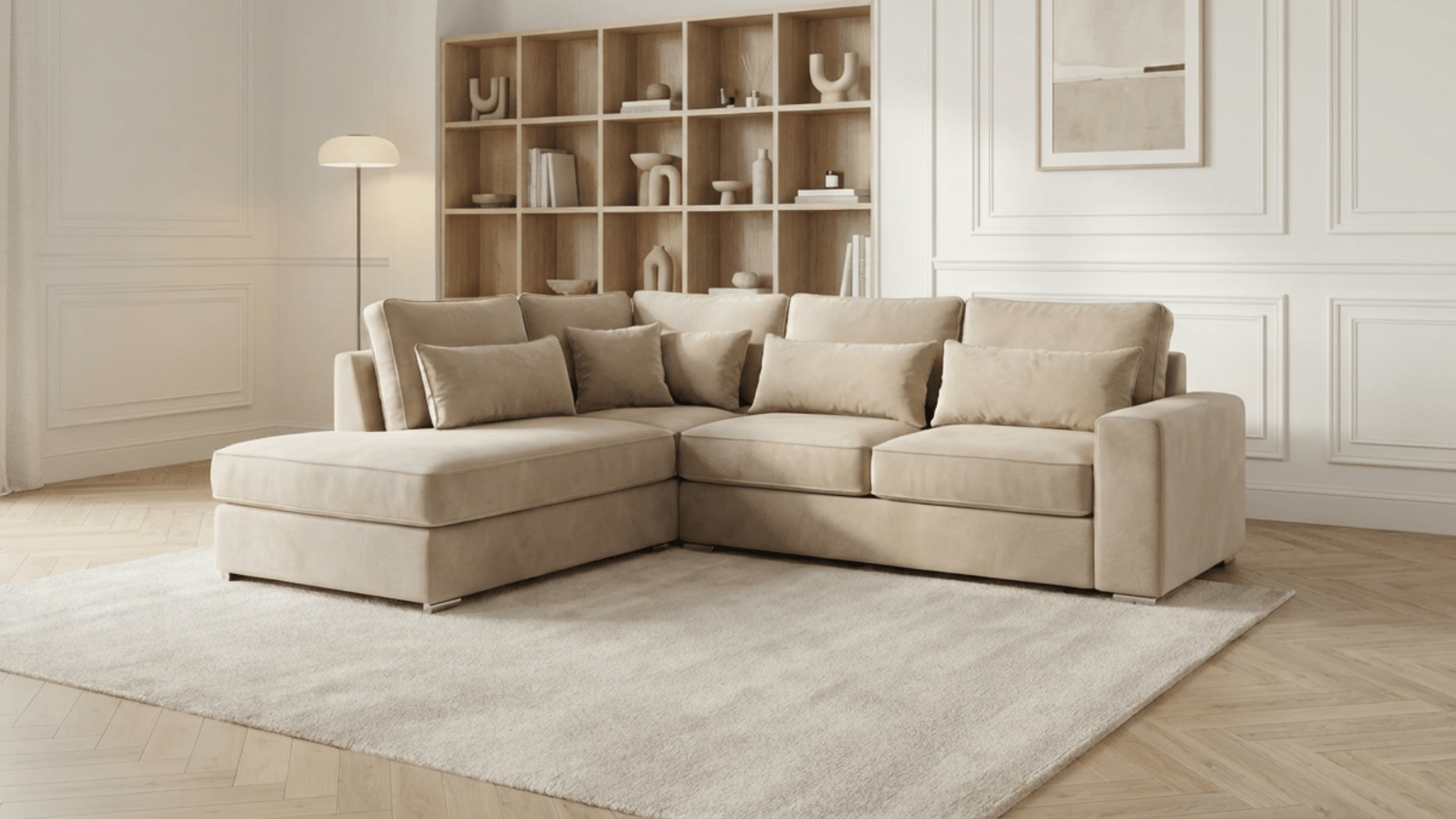 Canapé d’angle déhoussable 4 places CAMELIA en velours - Trust Industrie - Beige - Gauche
