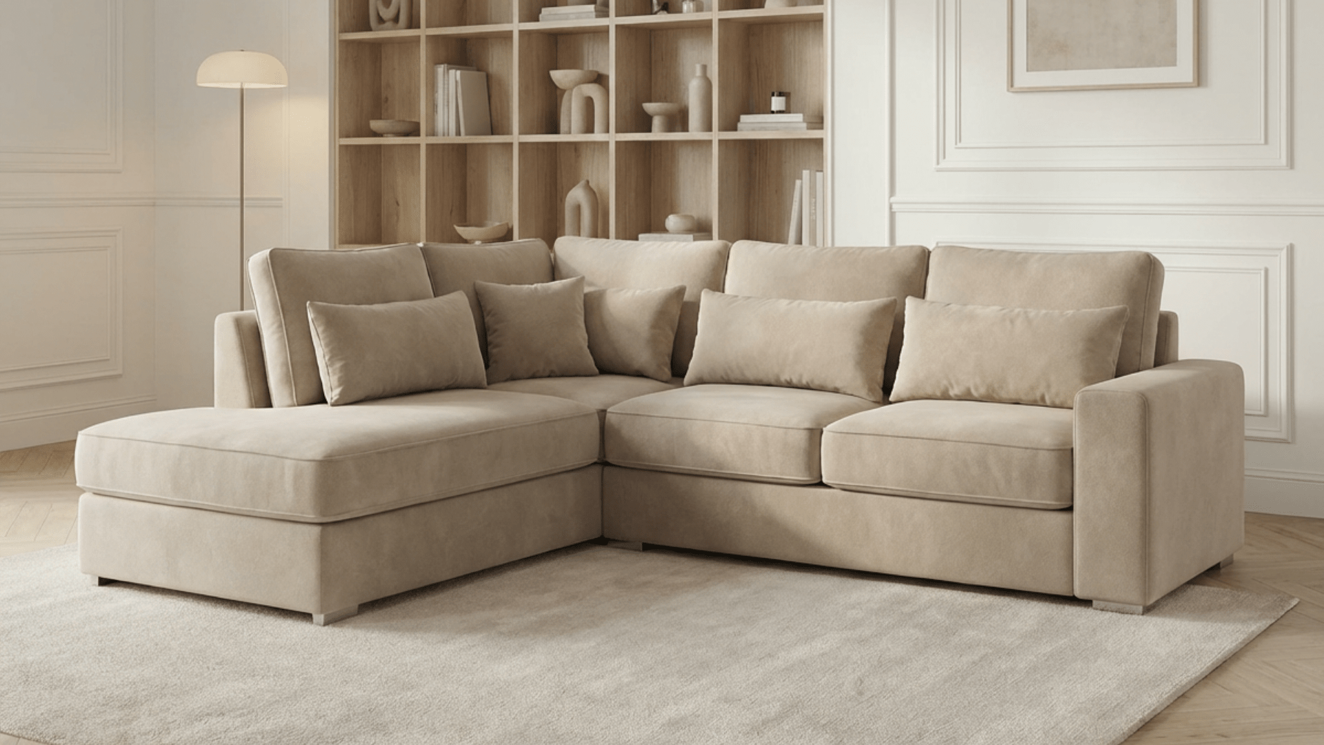 Canapé d’angle déhoussable 4 places CAMELIA en velours - Trust Industrie - Beige - Gauche

