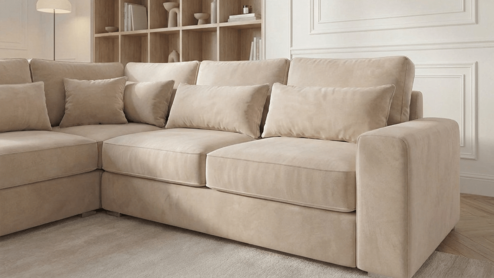 Canapé d’angle déhoussable 4 places CAMELIA en velours - Trust Industrie - Beige - Gauche
