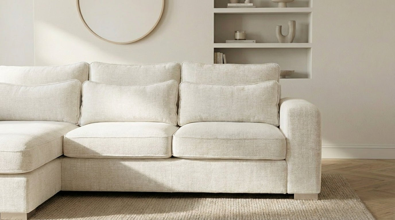 Canapé d'angle déhoussable 4/5 places mini MARBELLA en tweed - TRUST INDUSTRIE - Ecru - Gauche - 