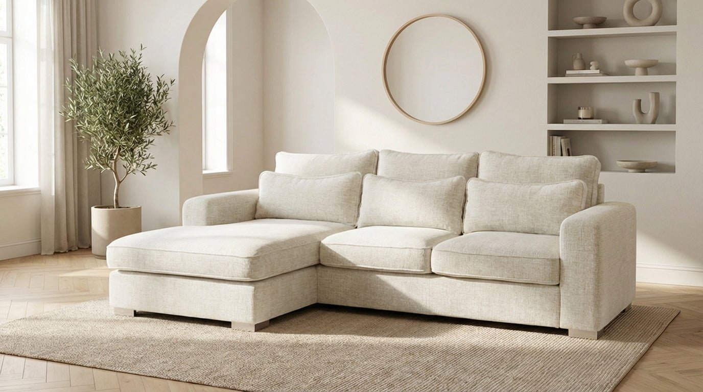 Canapé d'angle déhoussable 4/5 places mini MARBELLA en tweed - TRUST INDUSTRIE - Ecru - Gauche - 