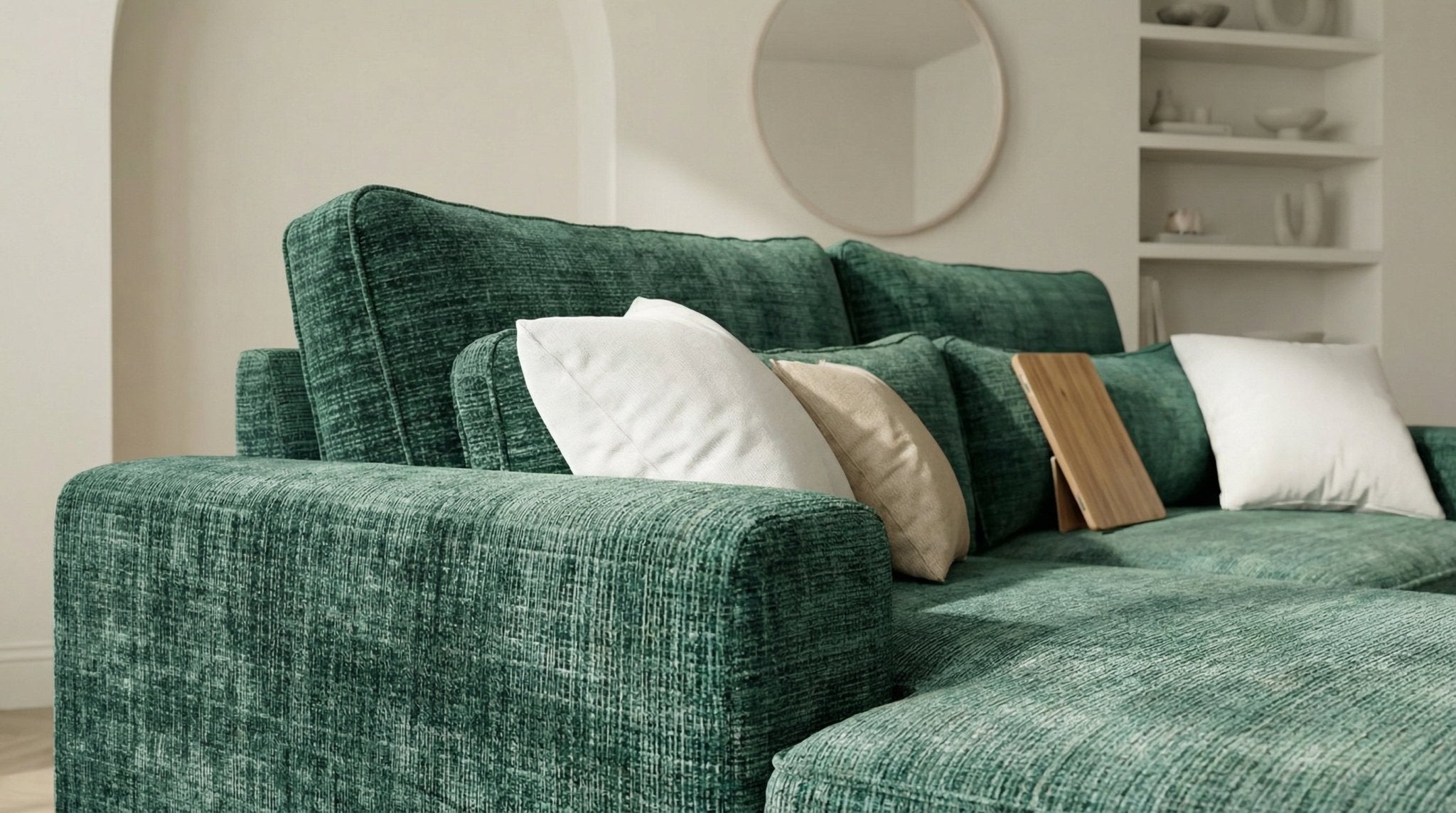 Canapé d'angle déhoussable 4/5 places mini MARBELLA en tweed - TRUST INDUSTRIE - vert - Gauche - 