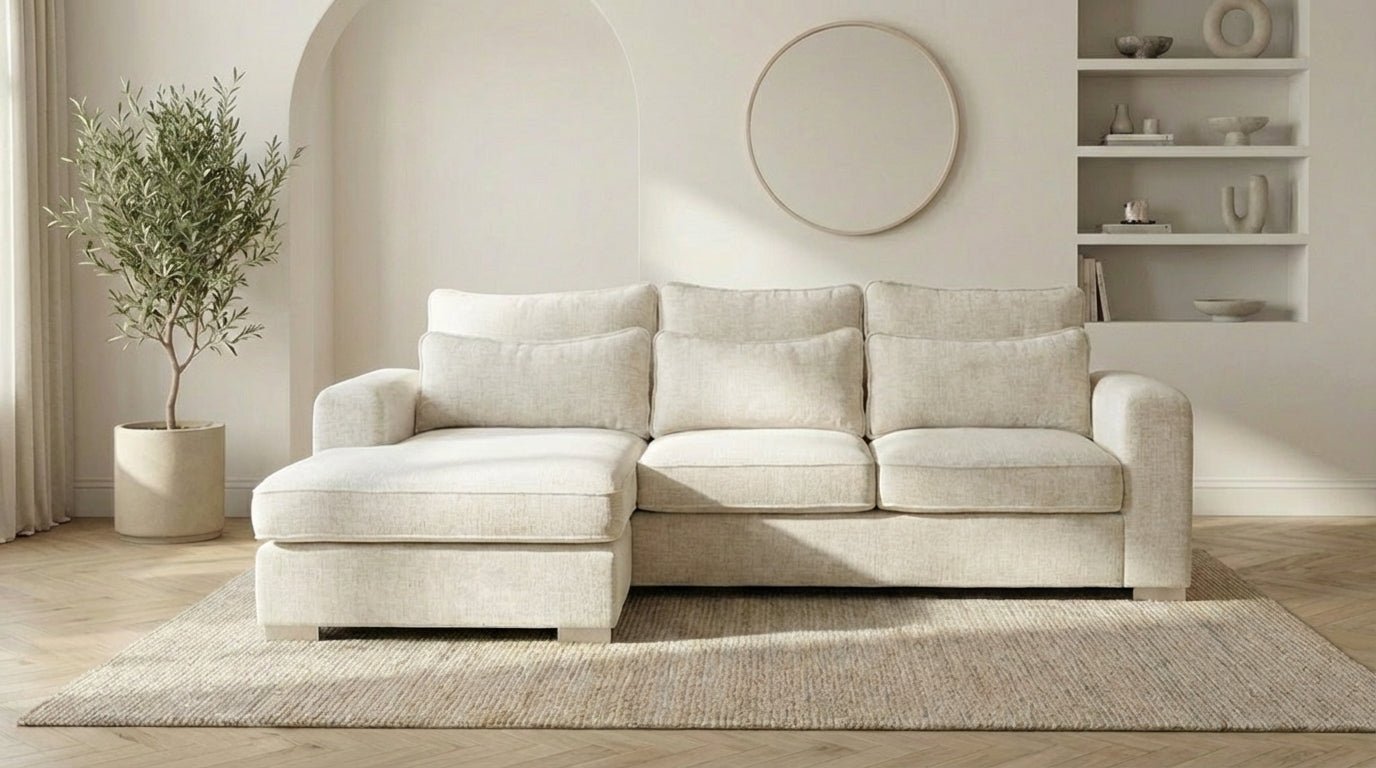 Canapé d'angle déhoussable 4/5 places mini MARBELLA en tweed - TRUST INDUSTRIE - Ecru - Gauche - 