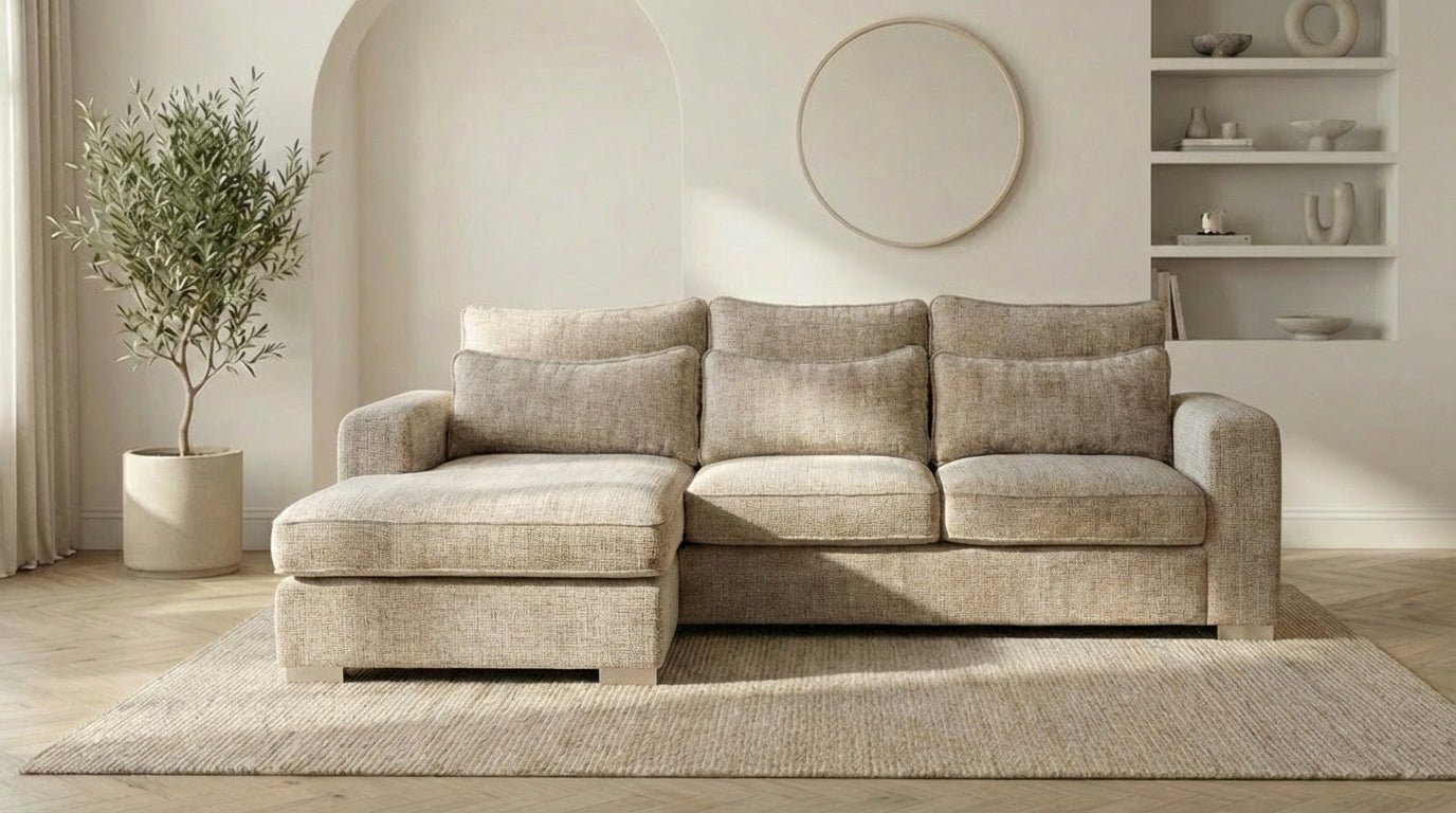 Canapé d'angle déhoussable 4/5 places mini MARBELLA en tweed - TRUST INDUSTRIE - Beige  - Gauche - 