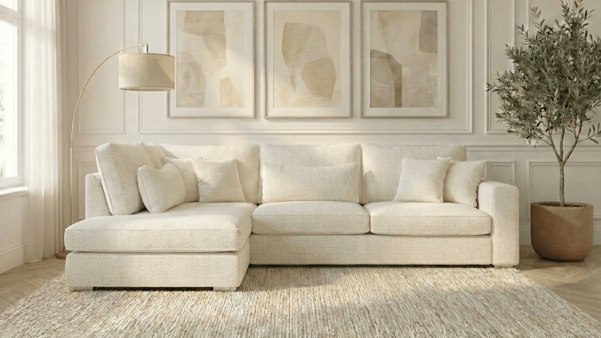 Canapé d'angle déhoussable 5 places MARBELLA en tweed - TRUST INDUSTRIE - Écru 01 - Angle gauche - 