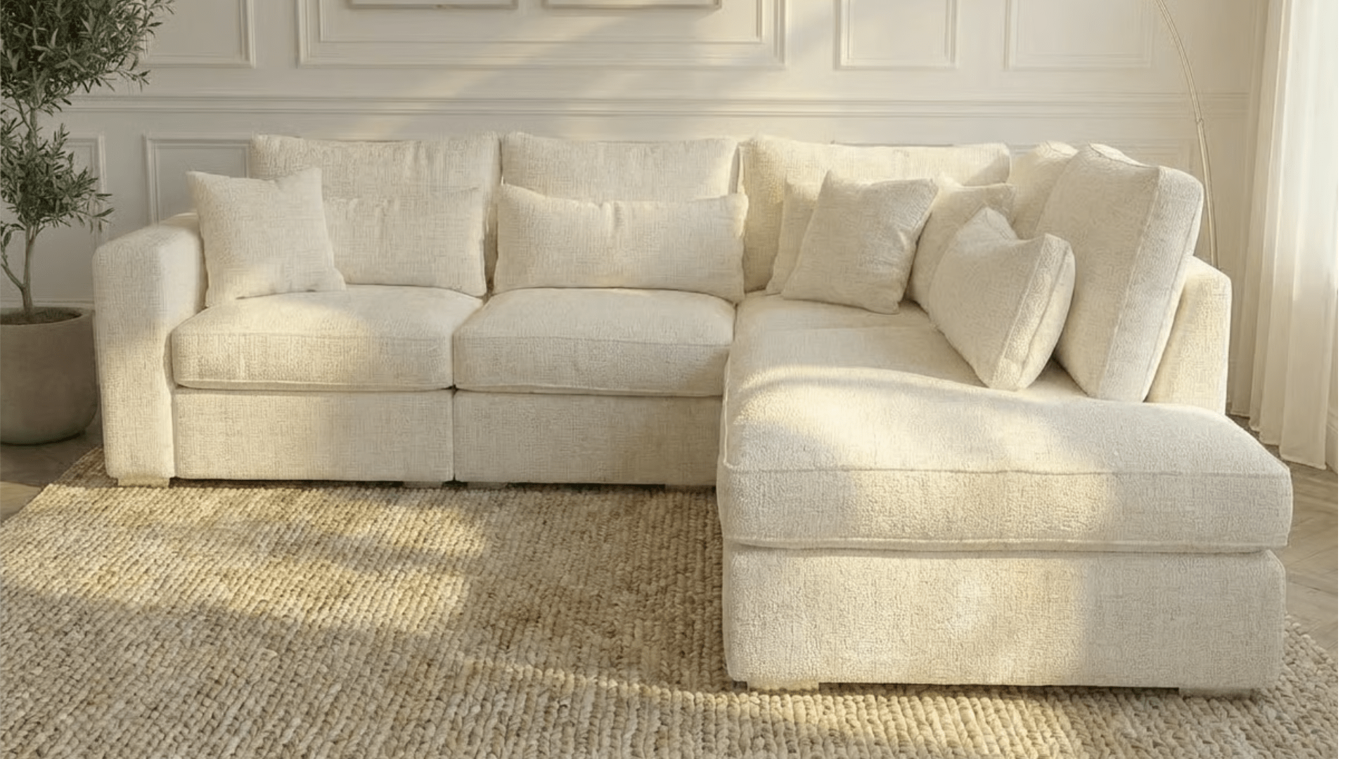 Canapé d'angle déhoussable 5 places MARBELLA en tweed - TRUST INDUSTRIE - Ecru- Angle droit - 